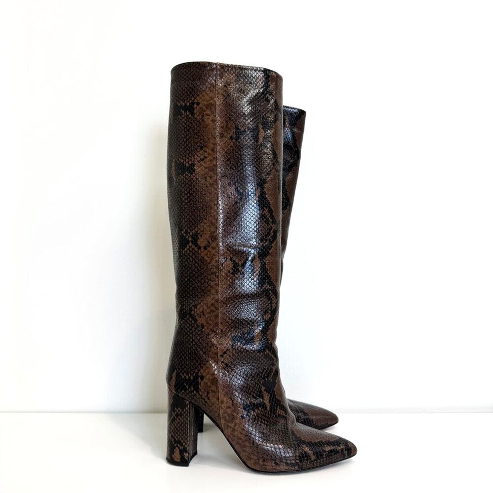 PARIS TEXAS Brown Snakeskin Pointed Toe Block Heel Knee High Boot 38.5 Booties